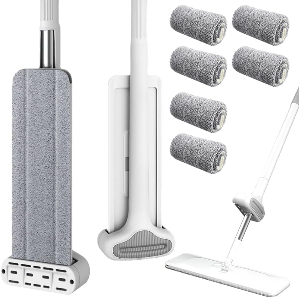 Lazy Person's Self-Washing Flat Mop, 2024 Large Flat Mop Magic Flat Squeeze Mop Rotatable Adjustable Cleaning Mop, Self Wringing Flat Mop Microfiber Mops for Floor Cleaning (1*mop+6*Cloth)