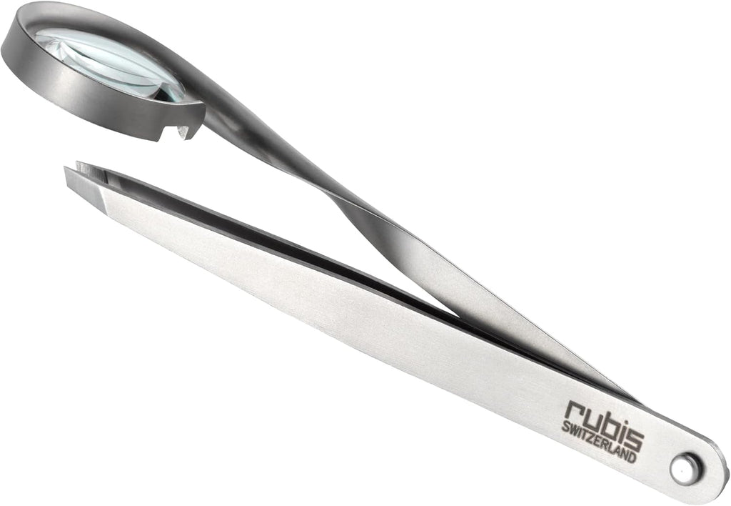 Rubis Classic Stainless Steel Slanted Tweezers with 8x Magnifying Glass for Precise Eyebrows and Hair Removal, 1K120,Rubis Switzerland Swiss Made World Renowned Precision