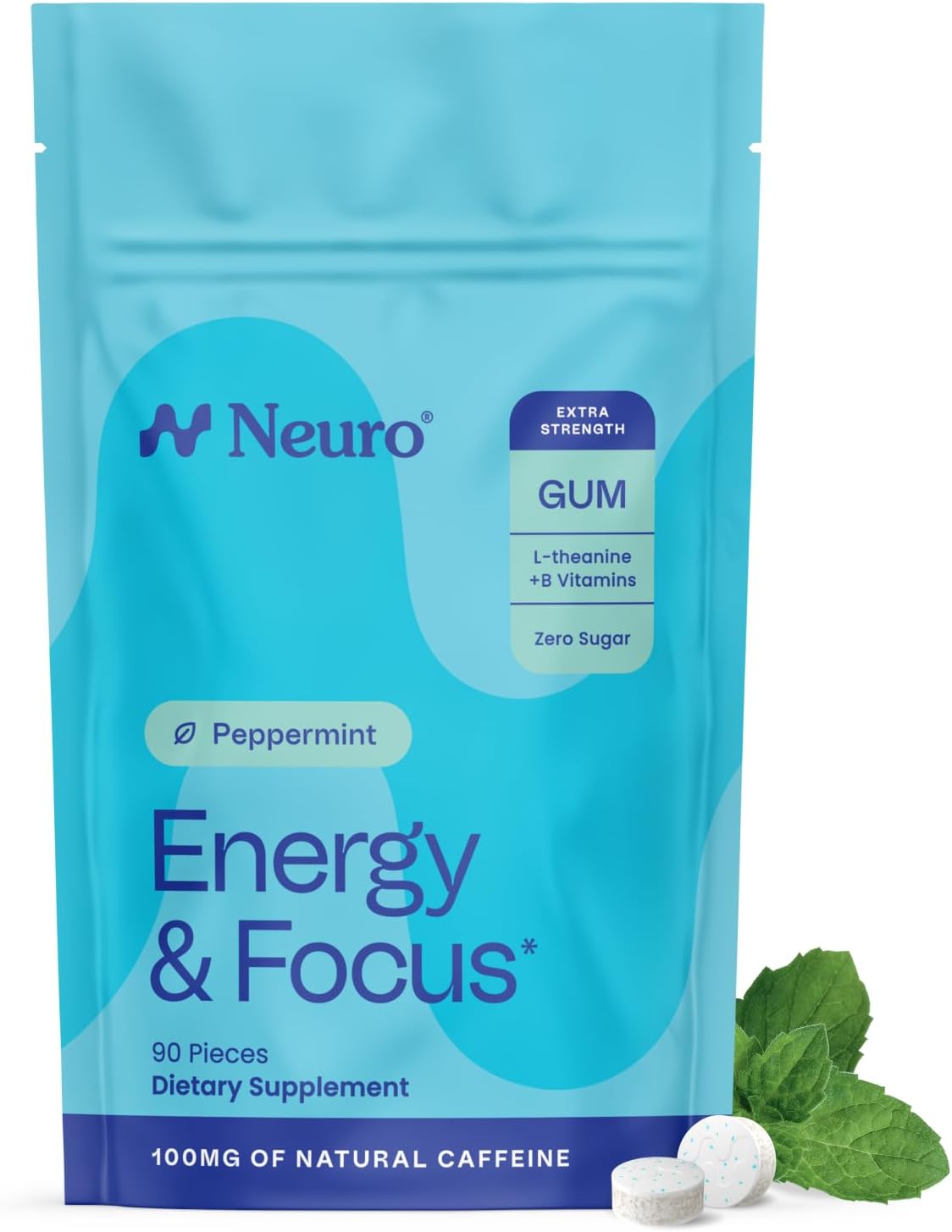 Neuro Energy & Focus Gum, Extra Strength - 100mg Natural Caffeine Gum & Nootropic Energy Supplement with L-Theanine & B Vitamins - Sugar Free, Vegan - Peppermint, 90ct