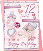 fancu Happy 12th Birthday Card for Girls, Sweet Fashion Bithday Card for 12th Girls, Pink Beauty Themed Card,Birthday Card for Special Daughter Granddaughter, Perfume, Makeup & Pearl Design