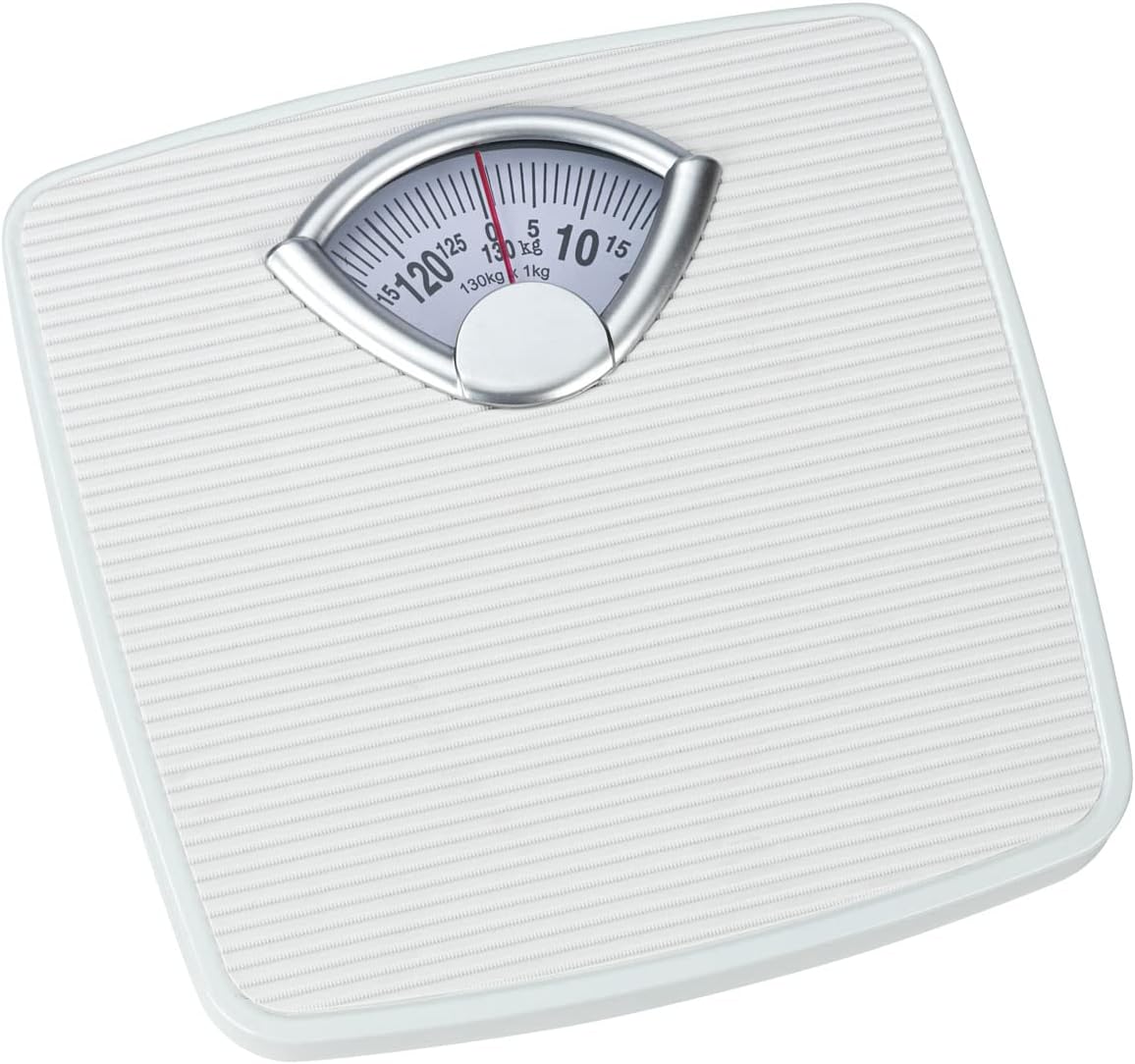 WENKO Mechanical, Precise, Analog Body Scale with Large Scale and Non-Slip Tread, Measuring Range up to 130 kg in 1 kg Steps, Metal housing in White, 27 x 4.5 x 26.5 cm