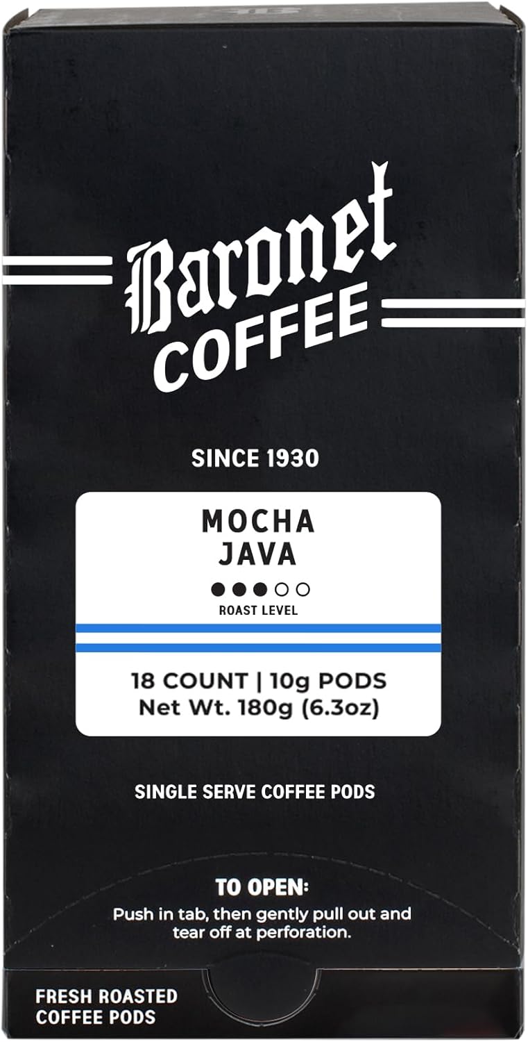 Baronet Coffee Pods [Mocha Java-54 Pods] Flavored Single Cup Use, Like Senseo, [3 Boxes of 18 Single Serve 10 Gram] Regular Strength, Medium Roast [Mocha Java]