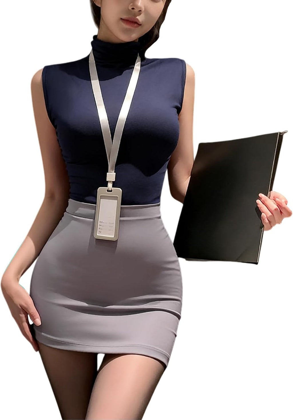 Women's Sexy Secretary Uniform Lure Costume Office Lady Cosplay Tank Top and Mini Skirt Set With Badge and Open Stockings