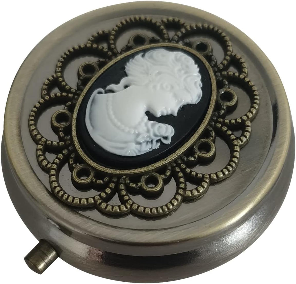 Bronze Pill Organizer, Portable Medicine Box for Pocket or Purse, Decorative Metal Vitamin Holder, Classical Small Pill Container, Unique Creative Gift for Women