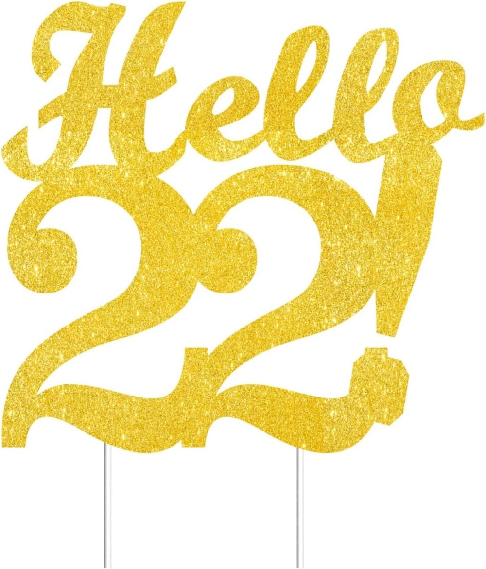 Hello 22 Cake Toppers Gold Glitter, Happy 22nd Birthday Cake Decorations Cheers to 22 Years Party Decor, Twenty-two Year Old Theme Birthday Anniversary Party Supplies