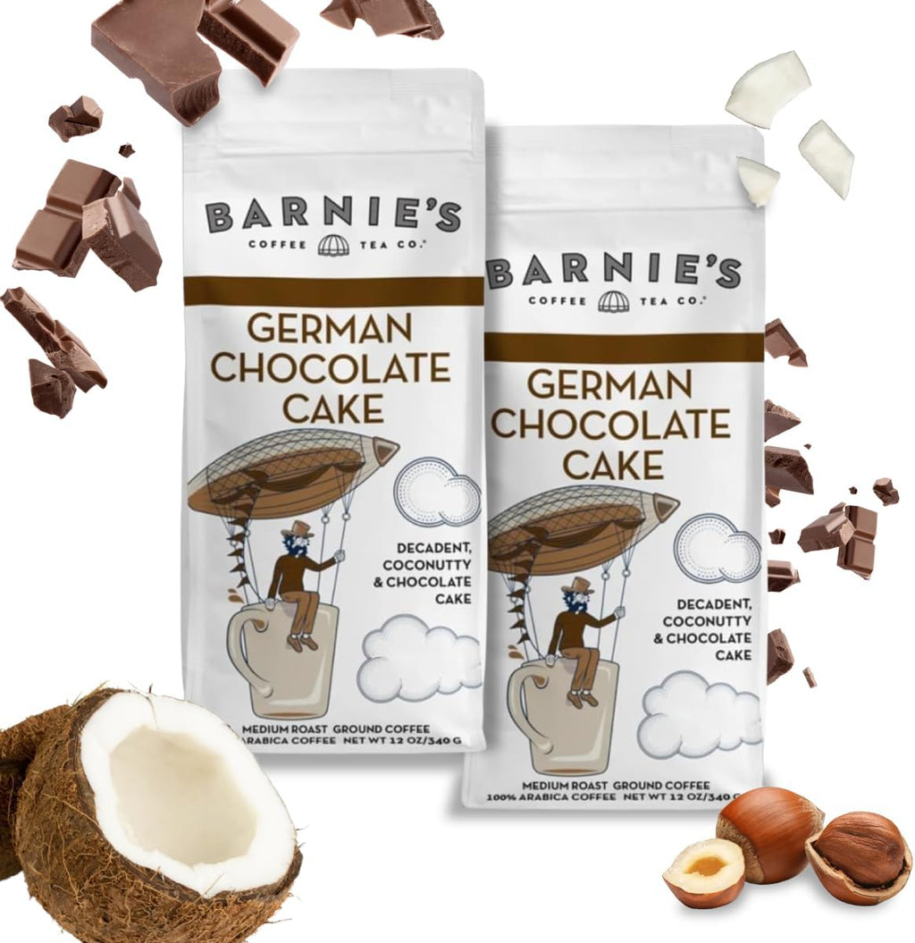 Barnie's Coffee German Chocolate Cake Ground Coffee with Decadent Coconut, Chocolate and Hazelnut Cake Flavor, Medium Roasted Arabica Coffee Beans, 12 oz Bag (Pack of 2) (54105)
