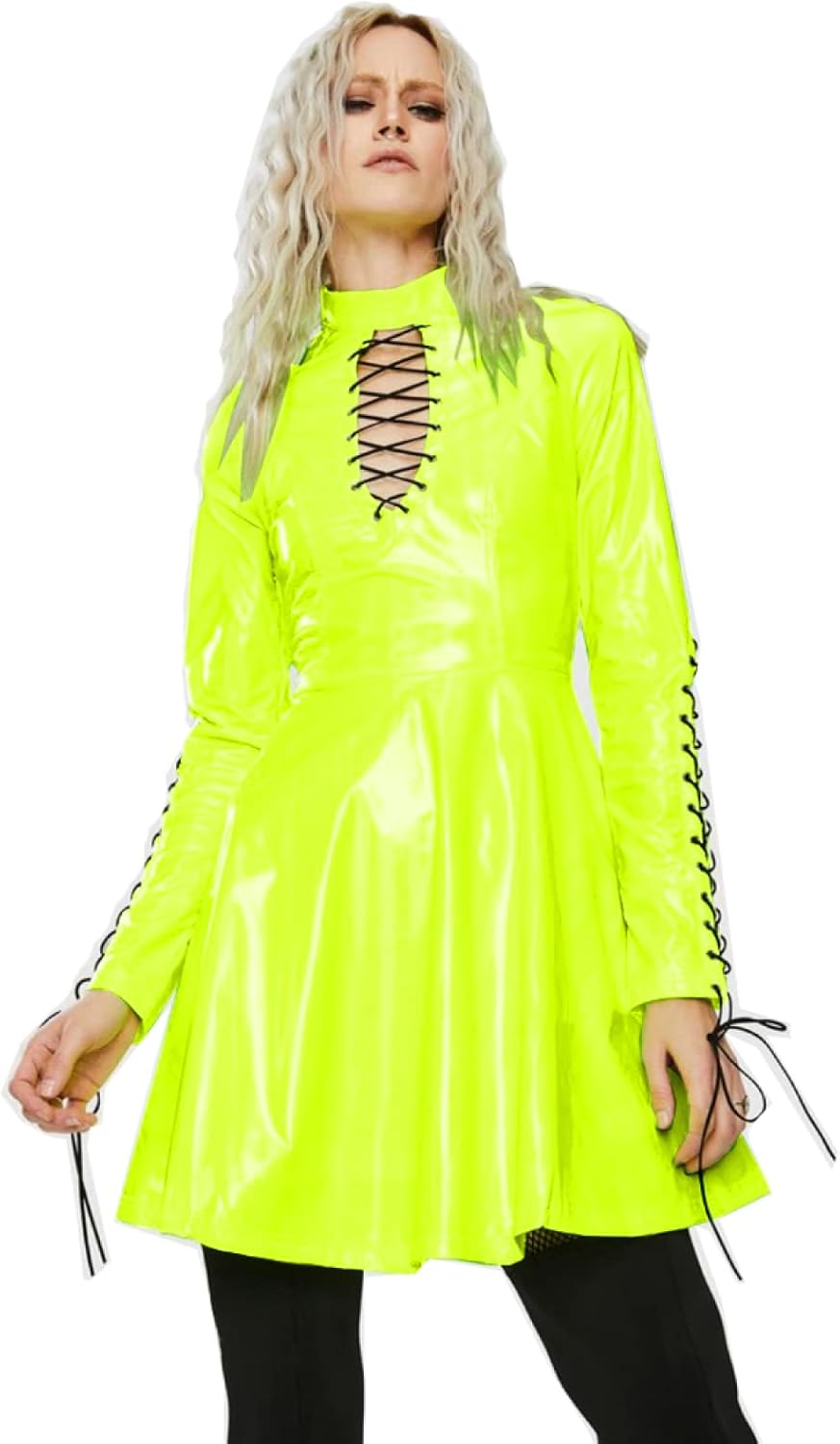 Women PVC Long Sleeve Dress Vinyl Hollow Out A-Line Dress High Waist Above Knee Mini Party Dress,Fluorescence Green,M