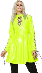 Women PVC Long Sleeve Dress Vinyl Hollow Out A-Line Dress High Waist Above Knee Mini Party Dress,Fluorescence Green,M