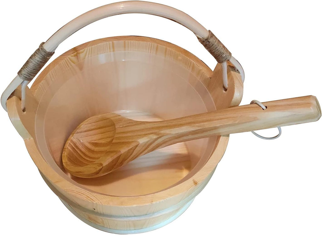 AIZYR 6L Handmade Wooden Sauna Bucket with Ladle and Plastic Liner, Sauna and Spa Accessory for Steam Room