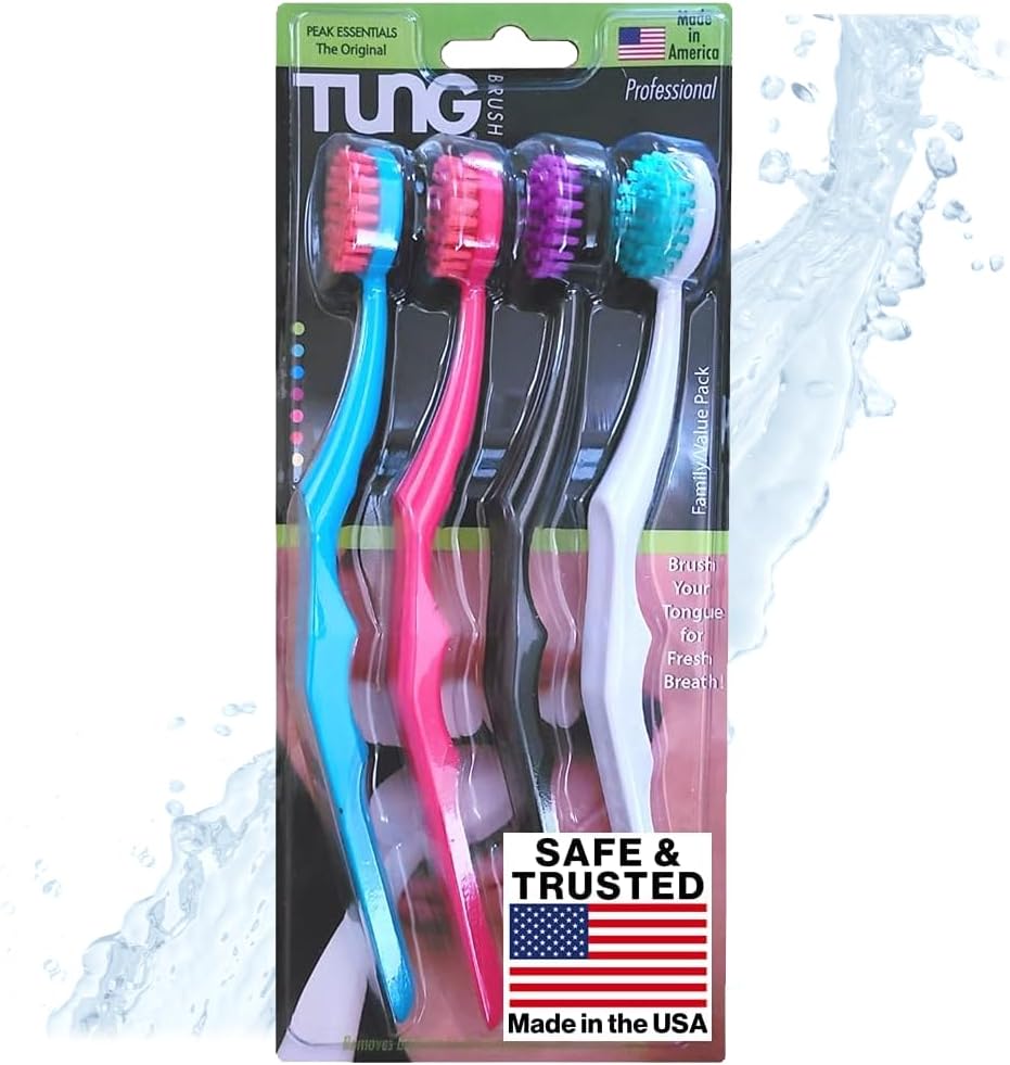 Tung Brush Tongue Cleaner, Plastic Tung Scraper, Tongue Cleaning to Fight Bad Breath, Halitosis Defense, USA Made, 4-Pack
