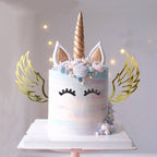 Unicorn Cake Topper Kit with Eyelashes, Reusable Gold Horn and Wings for Birthday, Wedding, Baby Shower Party Decorations