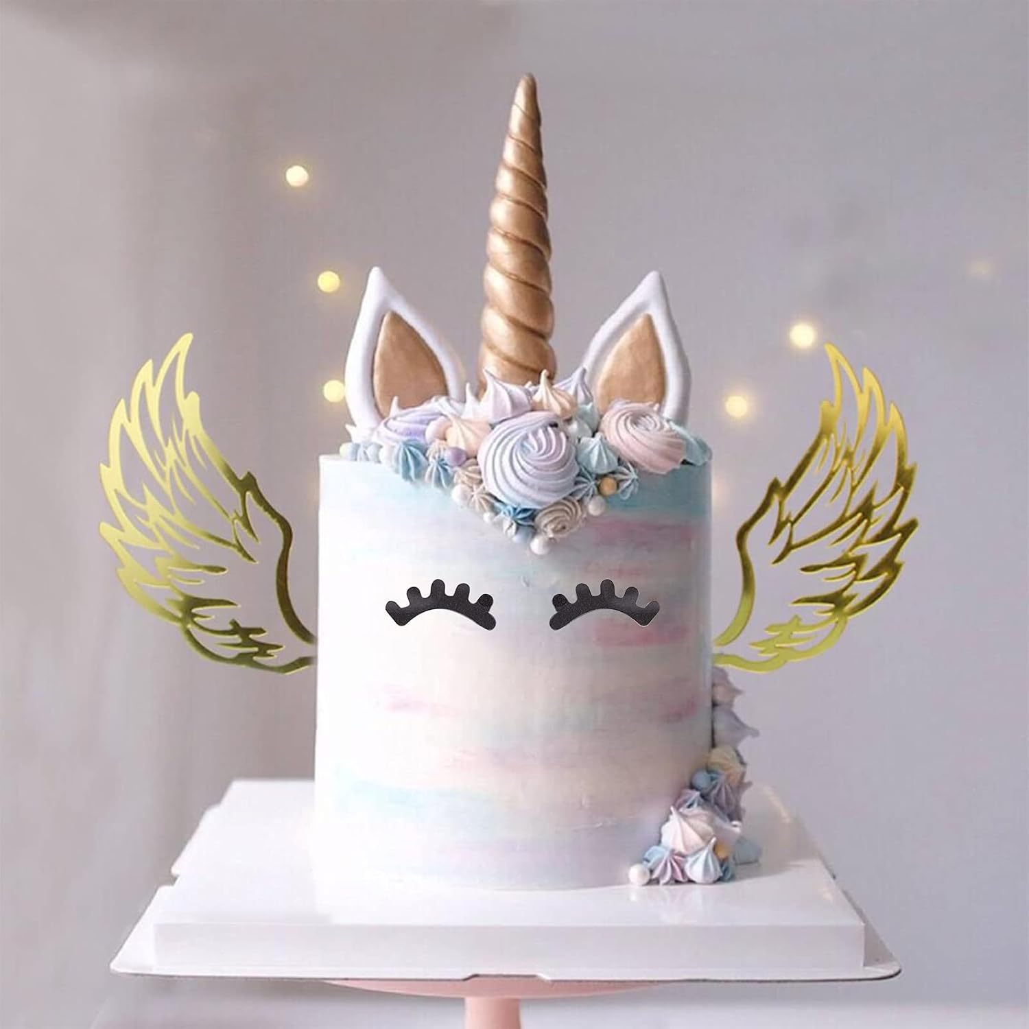 Unicorn Cake Topper Kit with Eyelashes, Reusable Gold Horn and Wings for Birthday, Wedding, Baby Shower Party Decorations