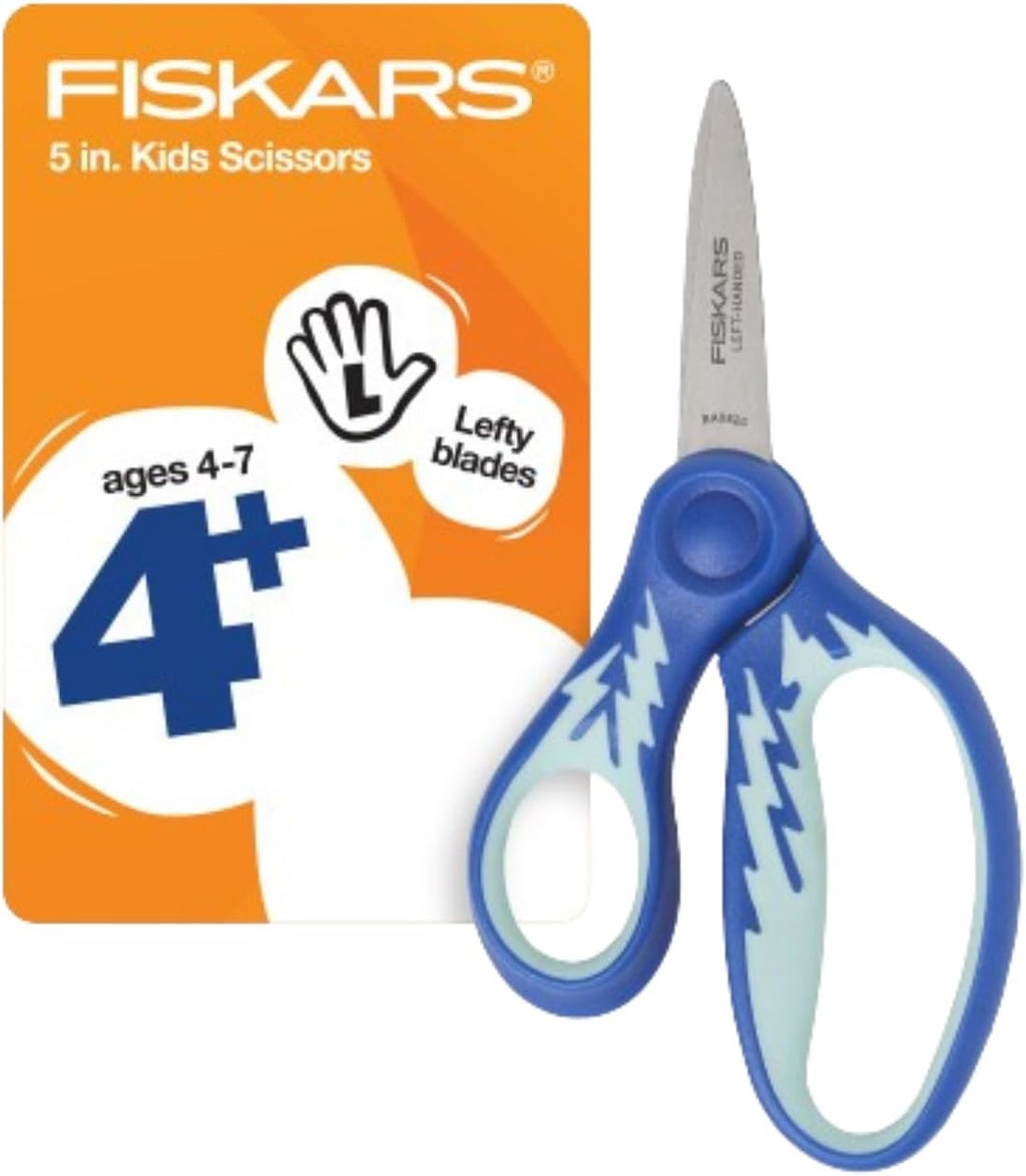 Fiskars 5" Softgrip Left-Handed Pointed-Tip Scissors for Kids Ages 4-7, Left-Handed Scissors for School or Crafting, Back to School Supplies, Blue Lightning