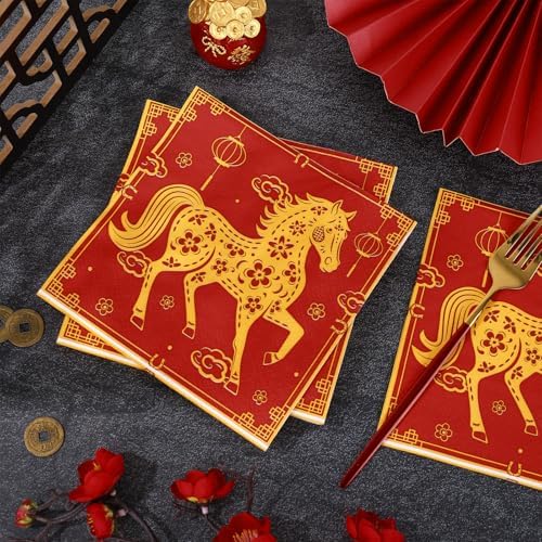 Whaline 80 Pcs Chinese New Year Luncheon Napkins Disposable Paper Napkin Decorative Chinoiserie Red Gold Horse Dessert Dinner Hand Napkin for Spring Festival Lunar New Year Party Supplies Table Decor