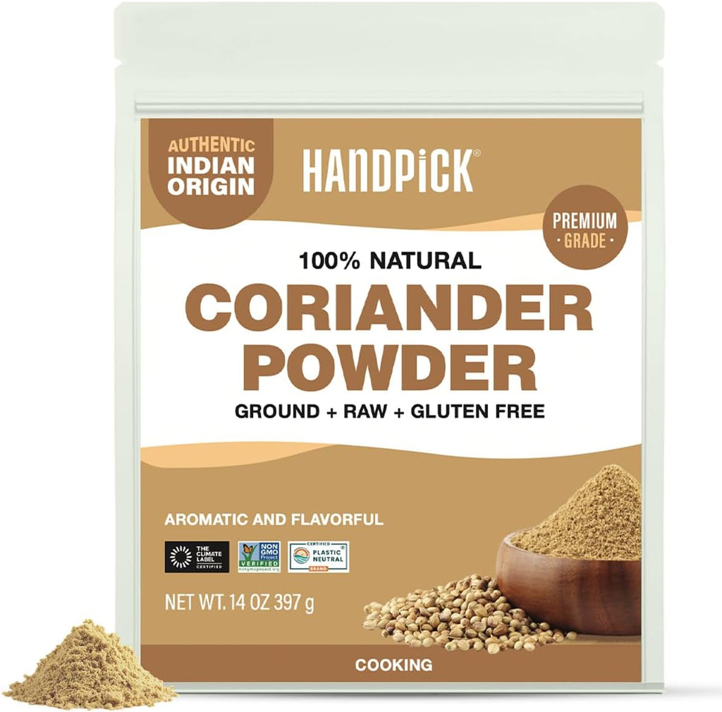 HANDPICK Coriander Powder (14oz) 100% Natural Ground Coriander | Premium Quality and High Value | Non-GMO, Gluten Free, Sourced from India | No Adulterations | Packed in Resealable Ziplock Pouch