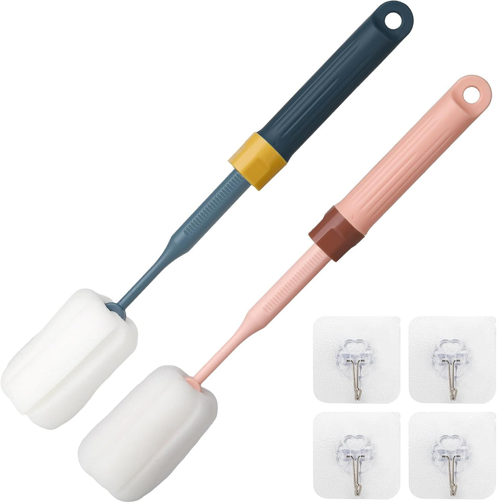Sponge Bottle Brushes Adjustable Long Handle Up to 12.9” High Density Foam Bottle Brush Head Hanging Design with 4 Traceless Hooks– Bottle Brush Cleaner for Water Bottle & More (2 Pack)