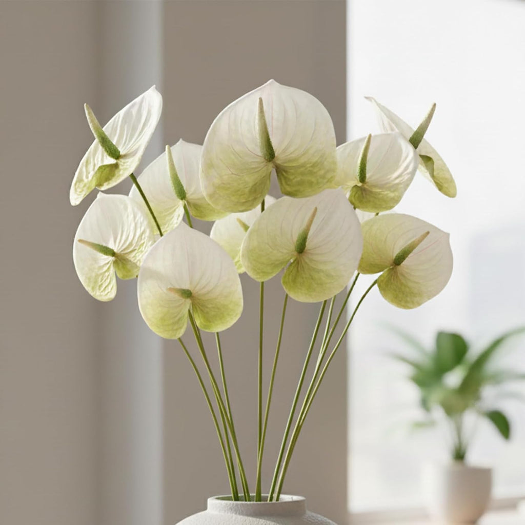 3Pcs 23.6" Artificial Anthurium Lily Flowers Fake Tropical Flowers for Home Decor Bouquet and Green Leaf for Home Decoration Bridal Wedding Festival Decoration Flower Arrangement(Dark White Green)