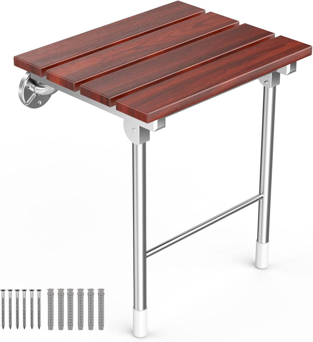 Folding Shower Seat Wall Mounted, Bathroom Bathtub Safety Stool Chair with Support Legs for Small Shower, Foldable Wall Wood Shower Bench for Seniors