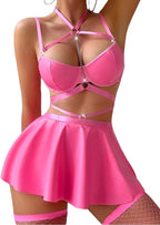 Women Sexy Leather Lingerie Set Choker Chain Mini Lingerie Dress Strappy Bra Skirt Outfits