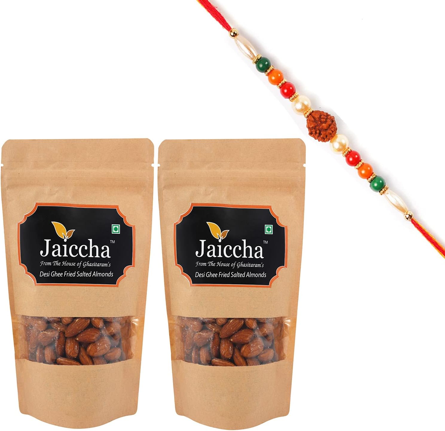 Jaiccha Ghasitaram Rakhi Gifts for Brothers Rakhi Dryfruits - Desi Ghee Fried Salted Almonds 400 GMS in Brown Paper Pouch with Rudraksh Rakhi