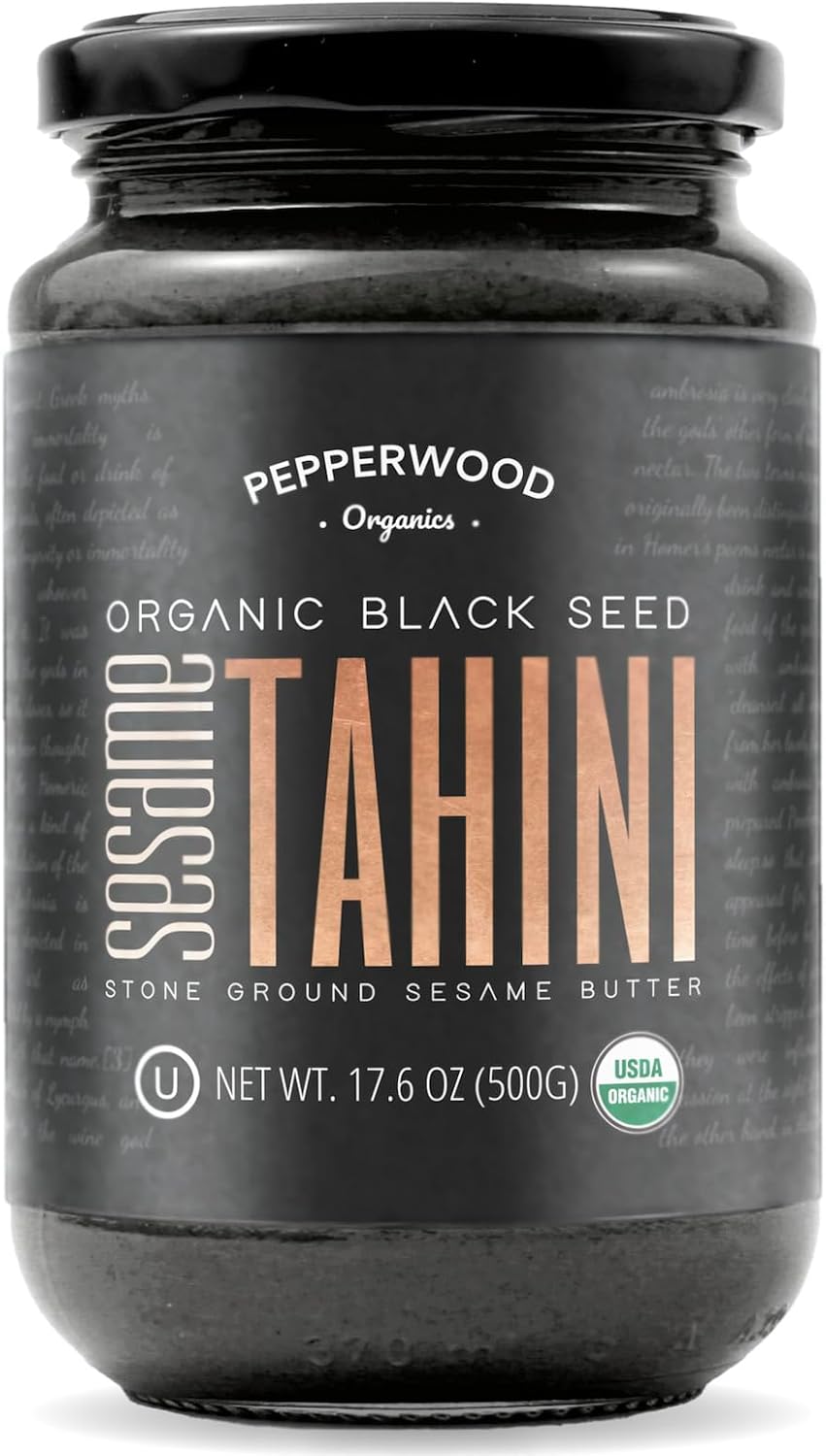 Organic Whole Black Sesame Tahini Paste - 17.6 oz (500g) Ounce Glass Jar – Peanut free - Stone Ground Unhulled Sesame Butter – Kosher by Pepperwood Organics