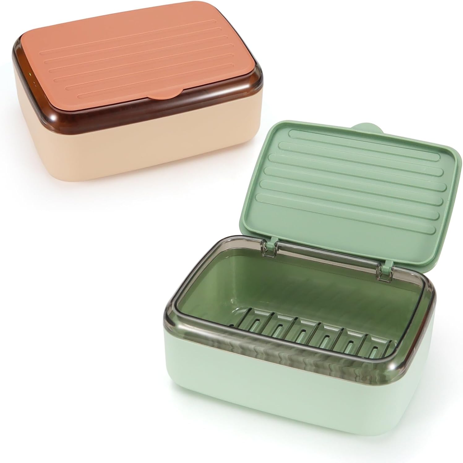 2Pcs Soap Dish Holder with Drainage Tray and Lid, 2 Layers Removable Bar Soap Case Container, Large Waterproof Soap Box for Shower Bathroom Sink, Pink+Green