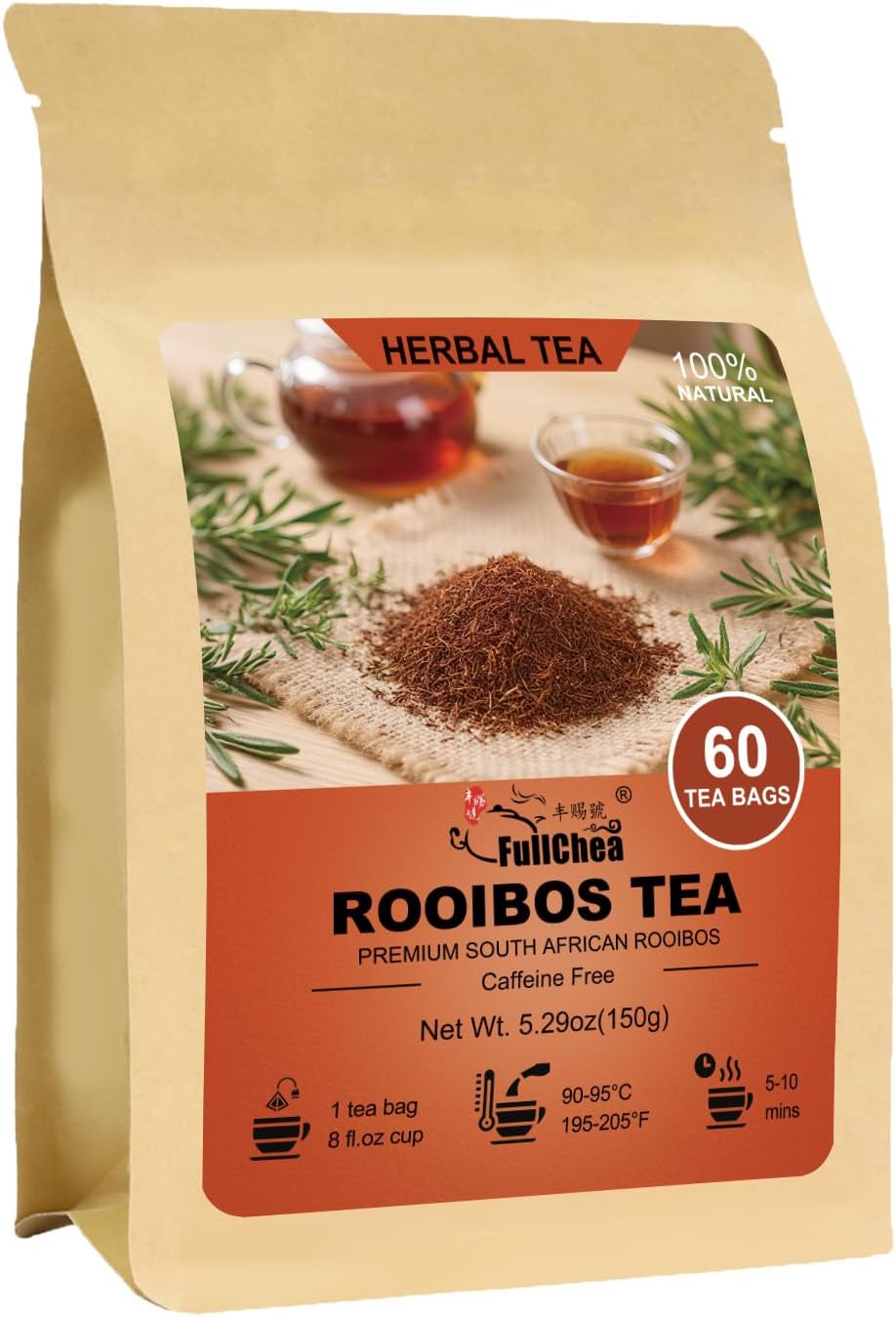 FullChea - Rooibos Tea Bags, 60 Counts - Premium South African Natural Rooibos - Non-GMO - Caffeine-Free - Antioxidant-Rich & Supports Digestion