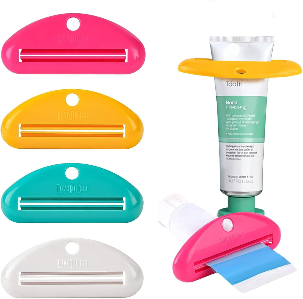 LOVEINUSA 4PCS Toothpaste Squeezer, Hanging Tube Squeezer Tool Multicolor Tubular Paste Dispenser for Saving Toothpaste Facial Cleanser Creams Paint