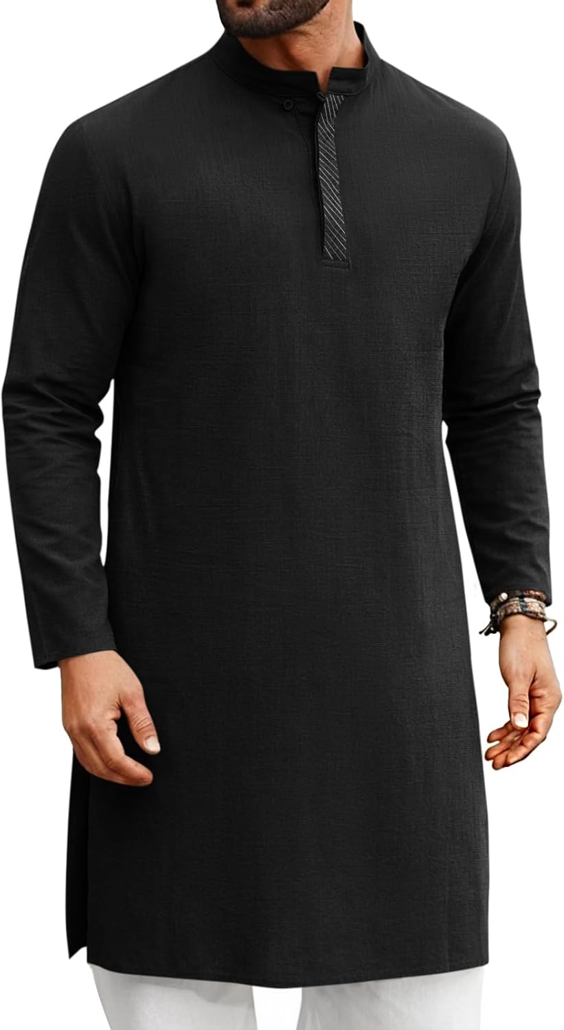 Runcati Mens Kaftan Thobe Long Sleeve Casual Henley Shirts Button Down Kurta Cotton Linen Muslim Gown Robe