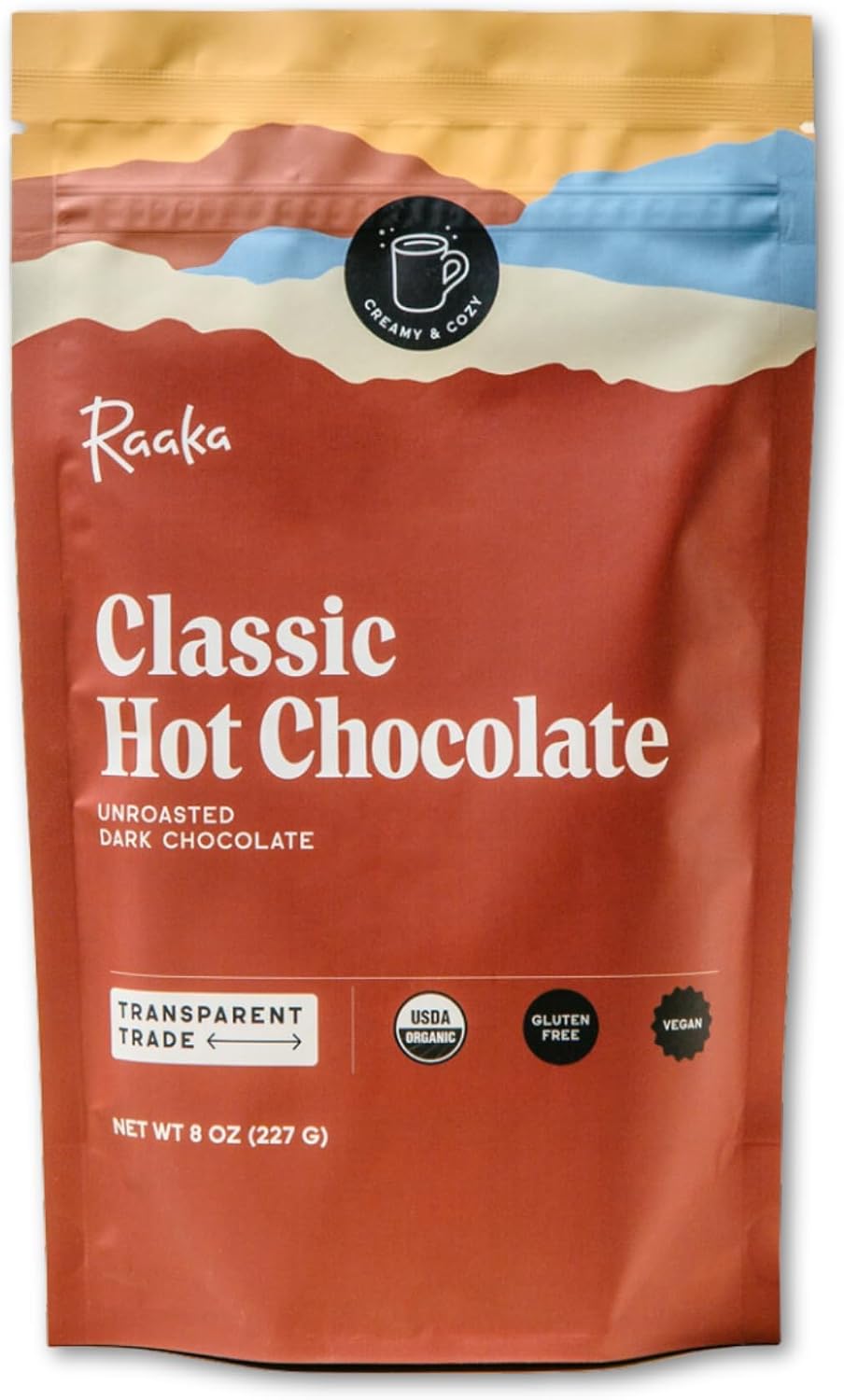 Raaka Premium Hot Chocolate Mix - Vegan, Organic, Gluten and Dairy Free - Lightly Sweetened Gourmet Hot Cocoa with Ethically Sourced Cacao - 8oz Bag Makes 9 Servings