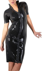 Black Sexy Mini Latex Dress with Short Sleeves and Full Front Zippers Rubber Gown Bodycon Playsuit,Custom Color,XXL