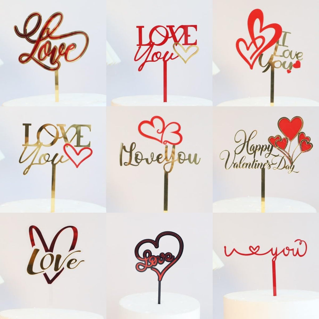 9 Pcs Love Heart Cake Topper Cake Decoration for Valentine's Day Wedding Mother's Day, Acrylic Gold Cupcake Topper Picks Love You Letter Cake Topper for Party Cake Desserts Decor Supplies