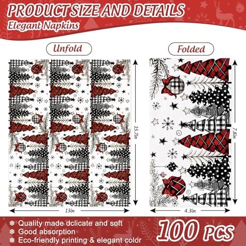 JarThenaAMCS 100Pcs Christmas Guest Napkins Horizontal Disposable Paper Napkins Red Black Xmas Tree Pattern Dinner Hand Napkins For Winter Party Supplies