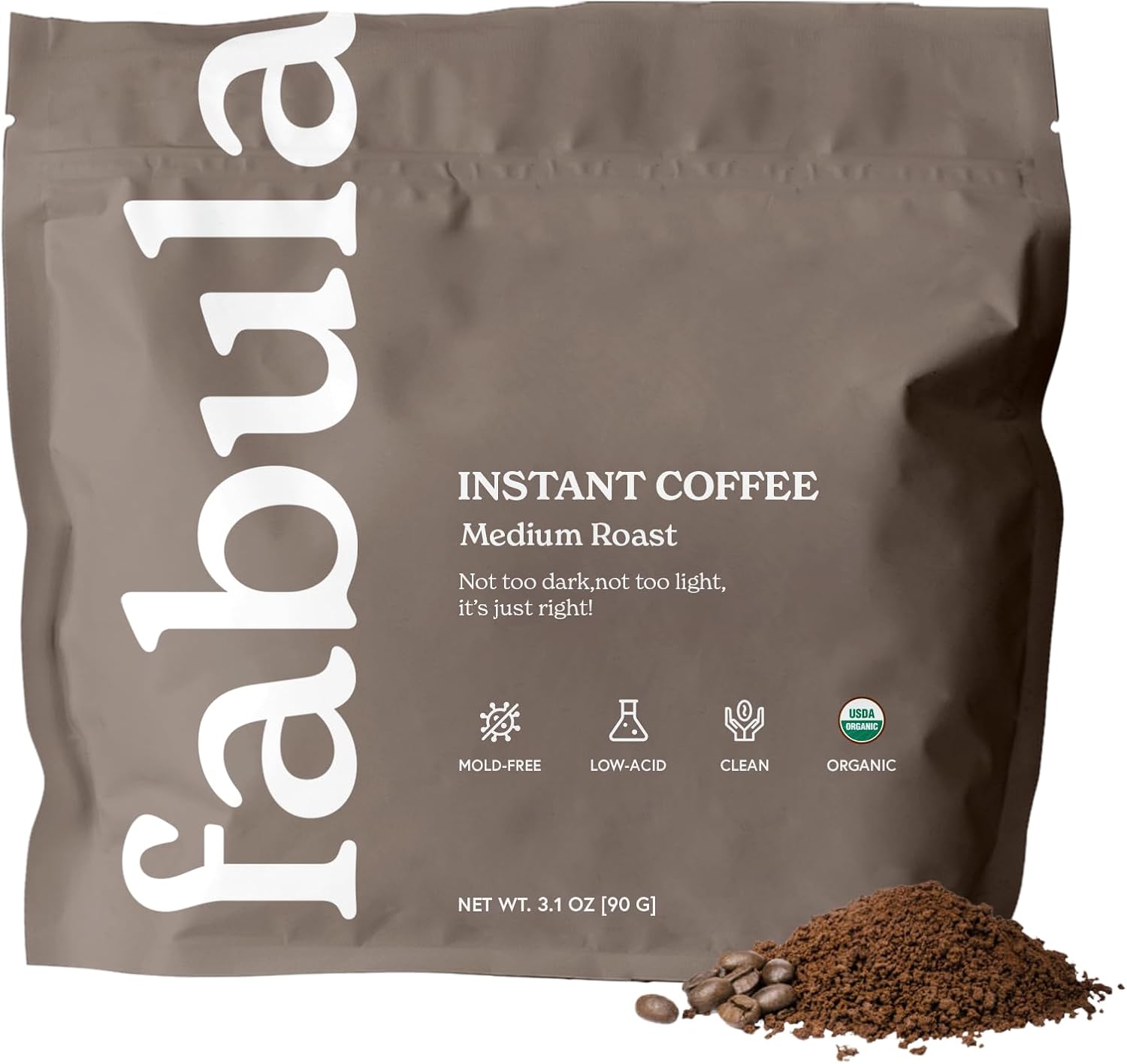 Fabula Organic Instant Coffee, Low Acid, Mold Free - Medium Roast, 90g, Convenient & Delicious