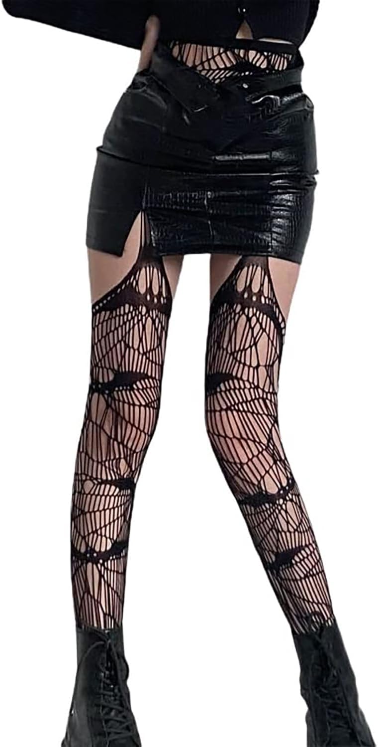 Halloween Spiderweb Tight Stockings Black Fishnet Pantyhose Bat Spider Web Thigh High Stockings Striped Lolita Women Gothic Stockings, Small