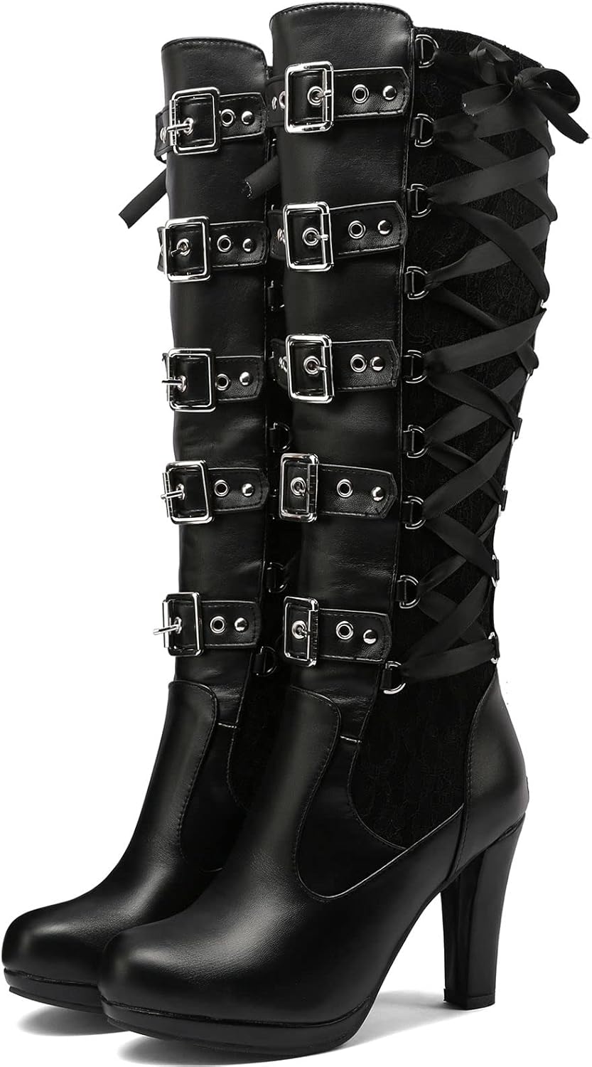 KysBloes Women Lace Goth Knee High Boots Buckle Block Heel Lace Up Knee Length Boots Punk Platform Tall Boots