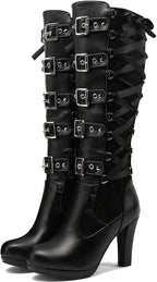 KysBloes Women Lace Goth Knee High Boots Buckle Block Heel Lace Up Knee Length Boots Punk Platform Tall Boots