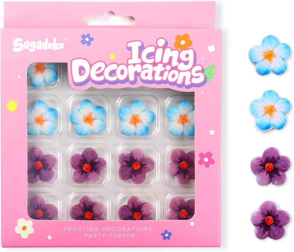 16 Count Edible Spring Flower Cake Decorations,Blue Purple Flowers Icing Decorations for Cupcake Toppers, Edible Royal Sugar Sprinkles for Cakes Toppers, Cookies, Cupcakes