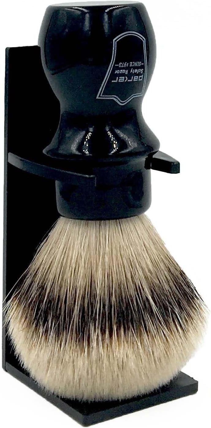Parker 100% Silvertip Badger Mug Shaving Brush with Brush Stand - Extra Dense and Extra Soft Bristles - Long Handle is Perfect for use with Your Shaving Mug (BLACK)