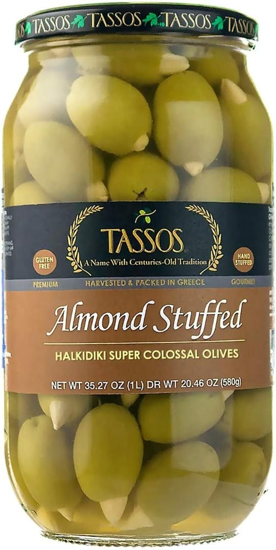Tassos Almond Stuffed Halkidiki Super Colossal Olives 35.27 Oz