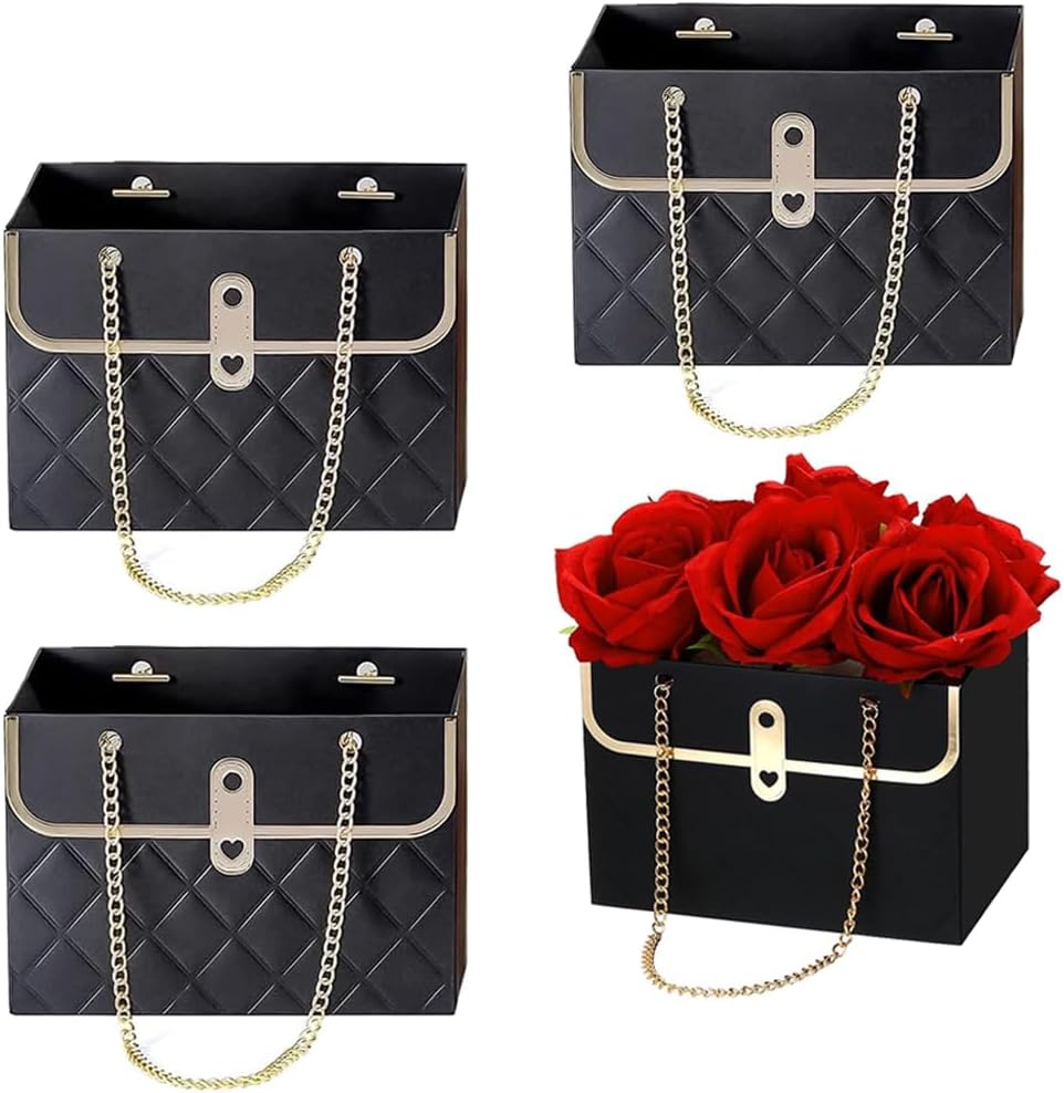 NADUSEP 4 PCS Flower Paper Gift Bag Bouquet Storage Bucket, Florist Flower Hand bag with Metal Chain Gift Case for Gifts Wrapping Supplies Bulk Mother's Day Valentine's Day Women's Day (Black)