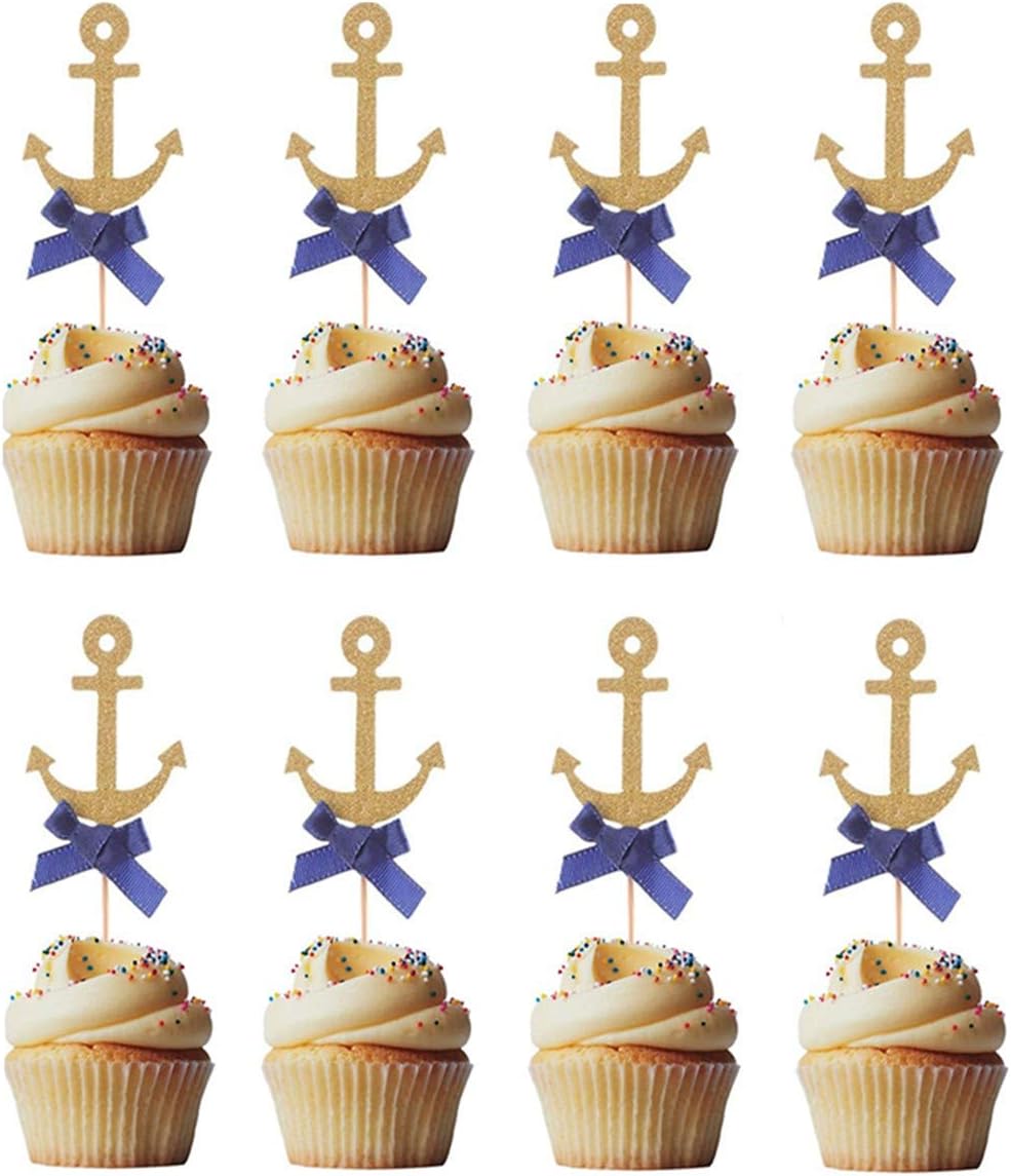 Nautical Cake Decorations Anchor Cupcake Toppers Picks for Ocean Navy Theme Party Baby Shower Birthday Wedding Party Decorations 20Pcs