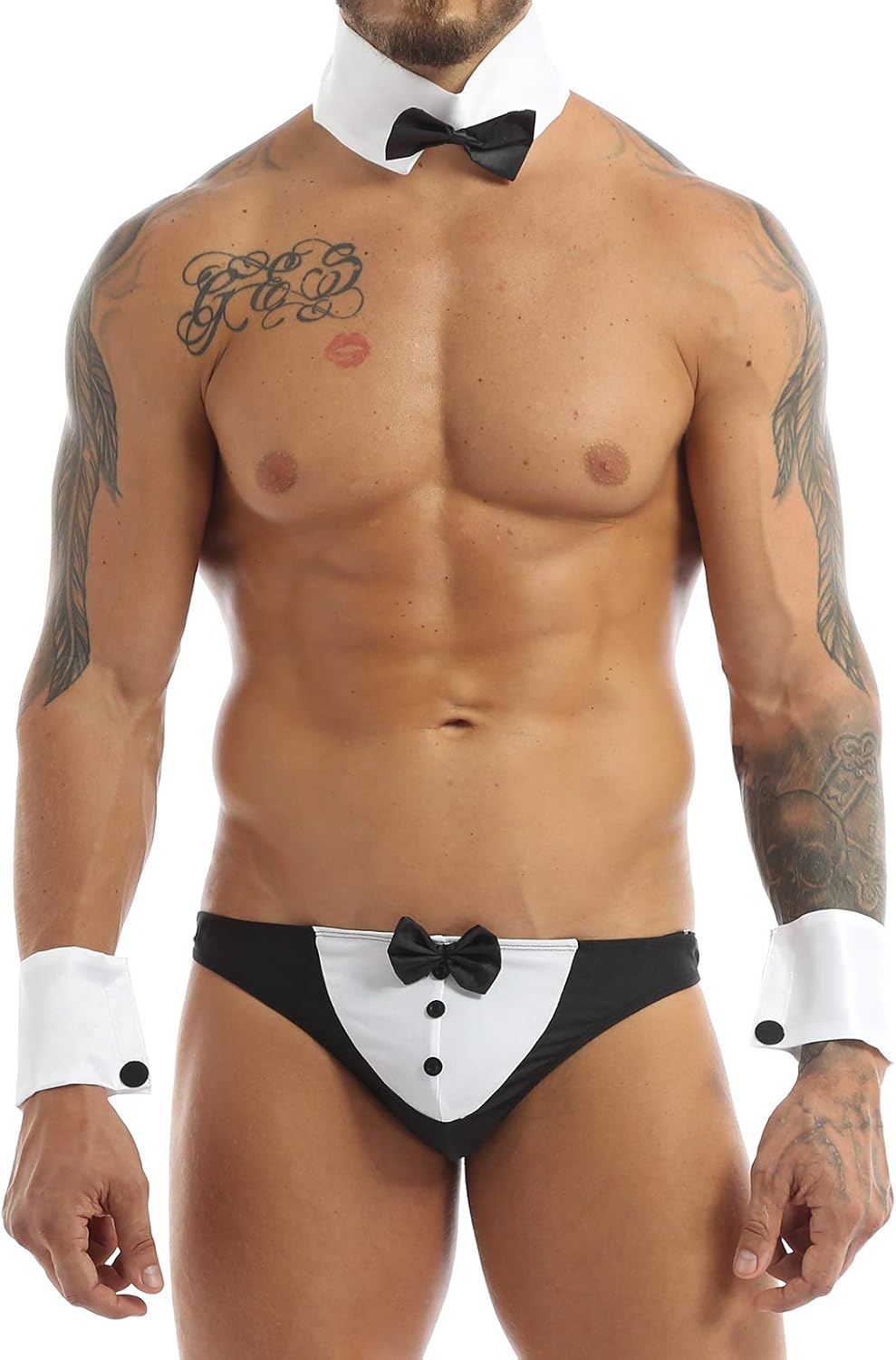 Mens Sexy Stripper Male Dancer Bachelor Party Waiter Costume Tuxedo Bow Tie Collar Outfits