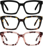 3 Pack Tortoiseshell Reading Glasses, Blue Light Blocking Square Anti Glare Reading Glasses for Women