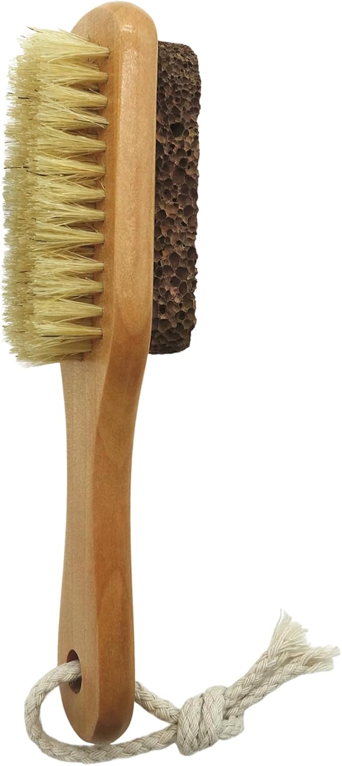 Natural Lava Pumice Stone for Feet with Foot Brush, Callus Remover Foot Scrubber Exfoliator Pedicure Tools for Hard Dead Skin, Softer & Smoother Feet, Double Sided Boar Bristles Wooden Handle