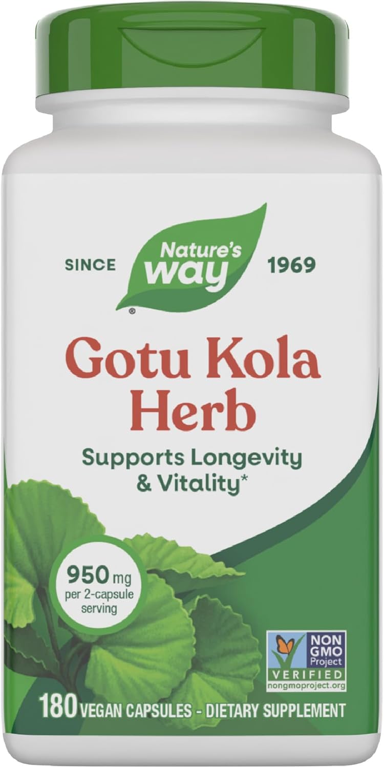 Nature's Way Gotu Kola Herb, Supports Longevity and Vitality*, 950 mg per 2-Capsule Serving, Non-GMO Project Verified, 180 Capsules (Packaging May Vary)