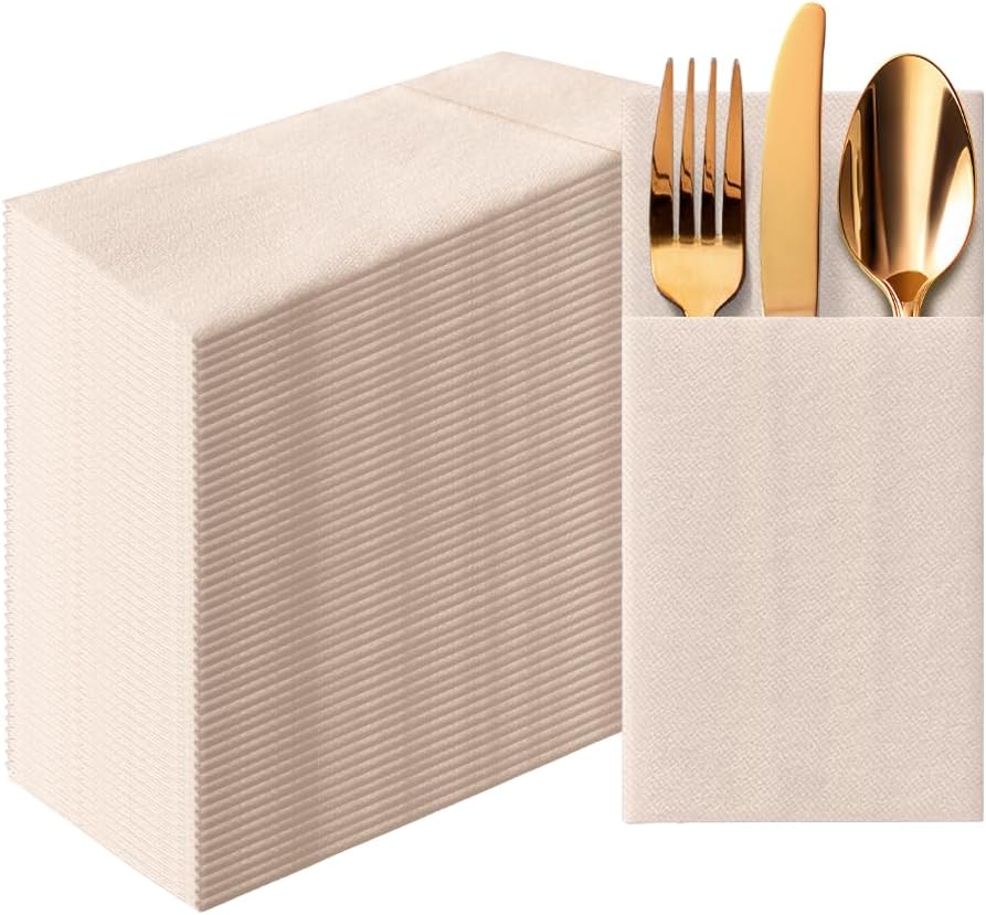 PAW - Linen Feel Napkins with Built-in Flatware Pocket, Soft and Absorbent Paper Pre-Folded Napkins, Guest Towels, Wedding Party, Dinner, Birthday, Gatherings, Monocolor Beige, 50 Count