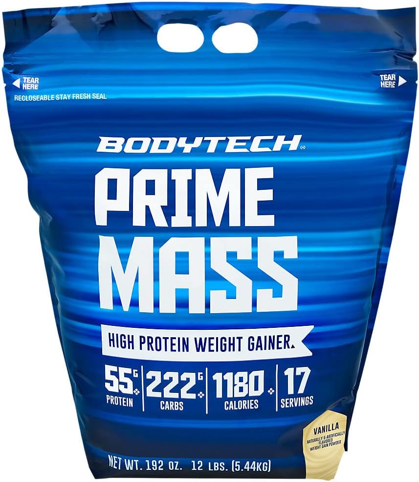 BodyTech Prime Mass - High-Calorie Mass Gainer - Supports Muscle Growth & Weight Gain - Vanilla (12 lb, 17 Servings)