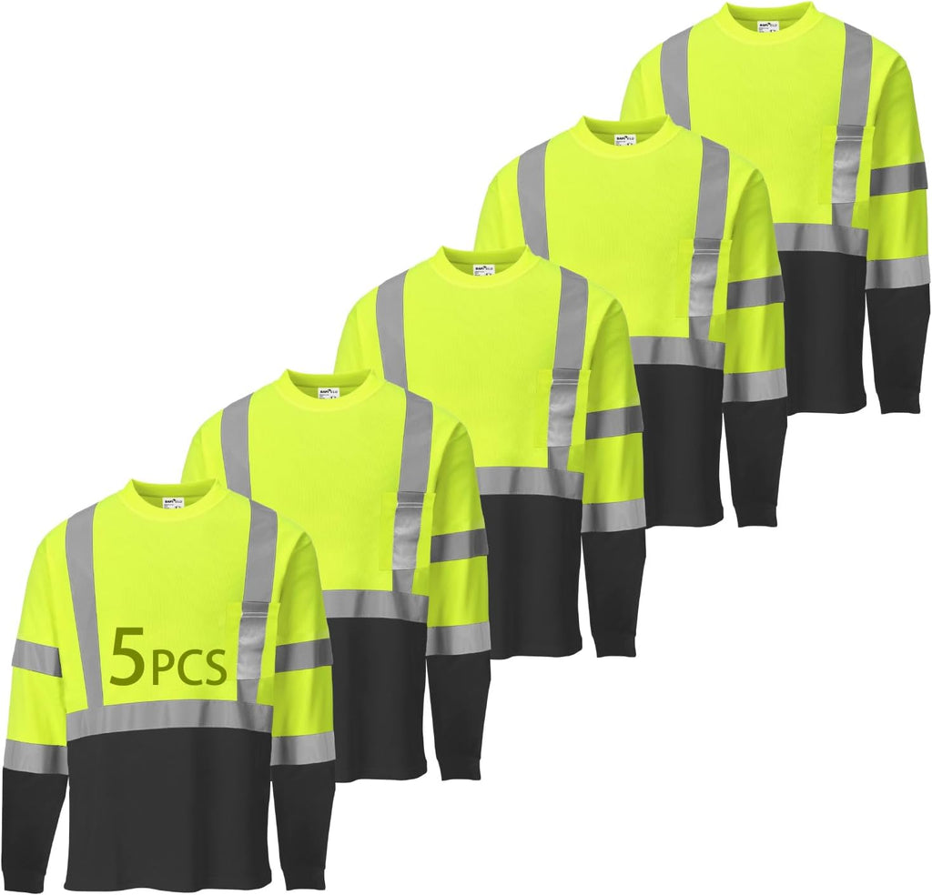 Hi Vis Safety Shirts for Men Reflective,High Visibility Work T-Shirt Short Long Sleeve with Pocket, 3 and 5 Pack