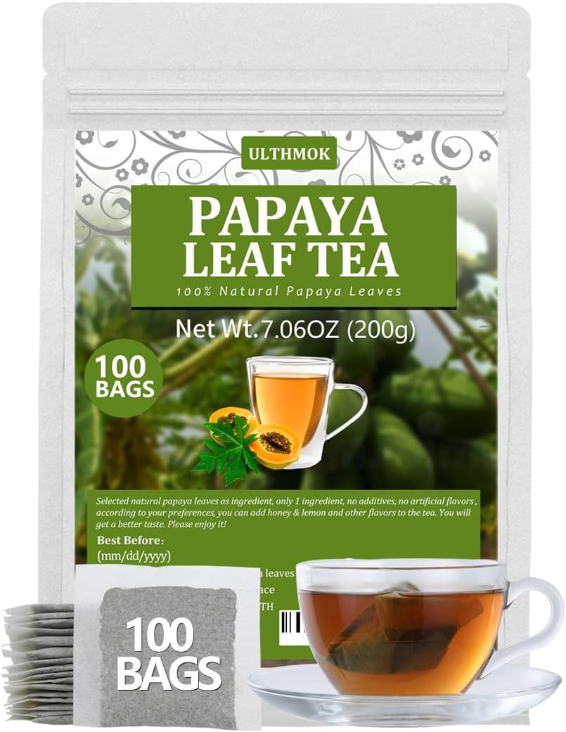 100 Premium Papaya Leaf Tea Bags, Made with 100% Natural Papaya Leaves, Free Wellness Tea, No Additives & Caffeine Free.